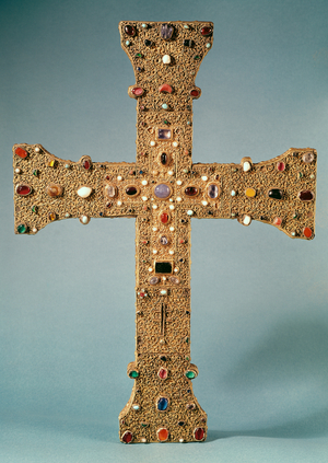 Reliquary cross of the Abbey of Valesse (gilded wood, rock crystal & semi-precious stones)