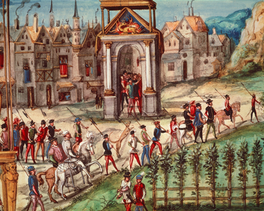 The Royal Entry Festival of Henri II (1519-59) into Rouen, 1st October 1550 (pen, ink and w/c)