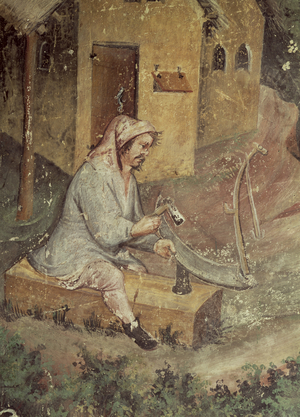 The Month of July, detail of a peasant sharpening his scythe, c.1400 (fresco)