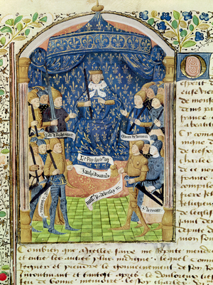 Ms 1151 f.1 Charles VII (1403-61) Surrounded by his Court and Joan of Arc (1412-31) (vellum)