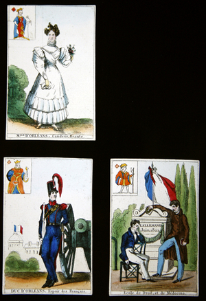 Four playing cards commemorating the heroes of July 1830, 1831 (coloured engraving)
