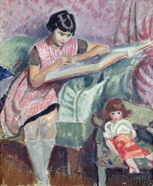 Little Girl with her Doll (oil on canvas)