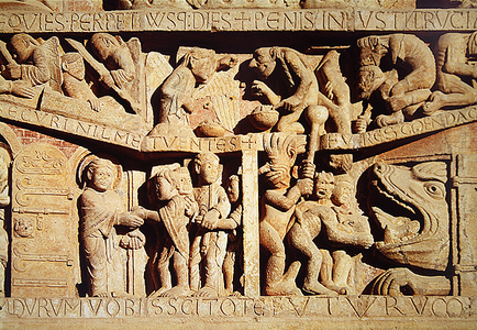 Saint Peter receives the blessed into heaven and the damned fall into the jaws of hell, detail from the Last Judgement on the West Portal Tympanum, c.1135 (stone)