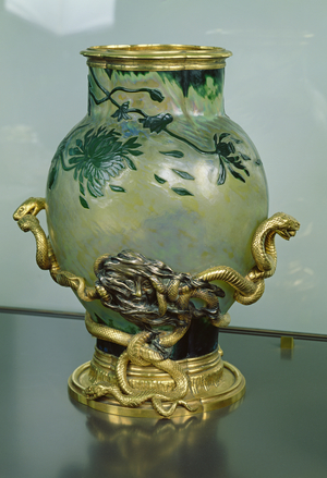 Crystal vase with a stand with intertwined snakes, c.1890 (bronze & glass)