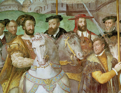 Detail from The Solemn Entrance of Emperor Charles V (1500-58), Francis I (1494-1547) and Alessandro Farnese (1546-92) to Paris in 1540, from the 'Sala dei Fasti Farnese', 1557-66 (fresco)