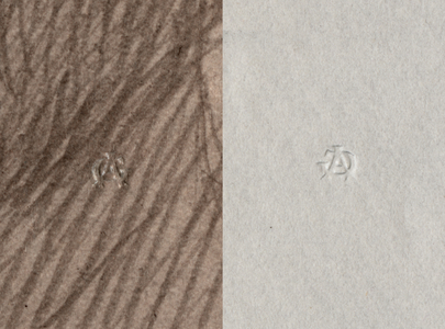 Dry stamp of Adolphe Giraudon, A G, Recto and Verso, detail from the portrait of Leonce Benedite, 1899 (see also 414597)