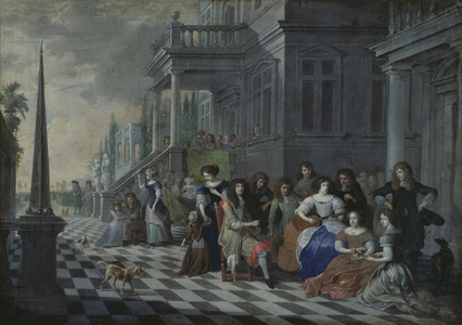 Characters making music in front of a palace, 1672 (oil on canvas)