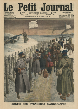 Foreigners coming out of Andrinople, front cover illustration from 'Le Petit Journal', supplement illustre, 2nd March 1913 (lithograph)