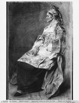 Russian girl farmer in traditional costume for feast days (pierre noire, pastel, redchalk & white highlights on grey paper)