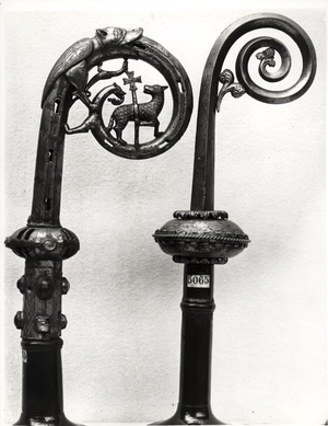 Crozier of the Abbots of Clairvaux depicting the Lamb of God (left) and a crozier with flower detail (right), 12th-13th century (bronze, copper & precious stones) (b/w photo)