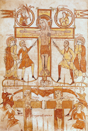 Ms 24 fol.7v The Crucifixion and the Division of the Clothes of the Saviour, from a Gospel (vellum)