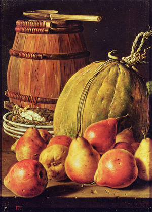 Still Life with pears, melon and barrel for marinading, 18th century (oil on canvas)
