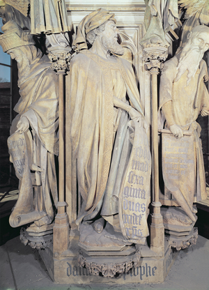 The Well of Moses, detail showing the hexagonal pedestal with figures of Daniel (centre), Zacharias (left) and Isaiah (right) 1395-1404 (stone)