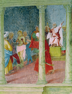 Scenes from the Life of St. Barbara, detail of St. Barbara before a judge, 1523-24 (fresco)
