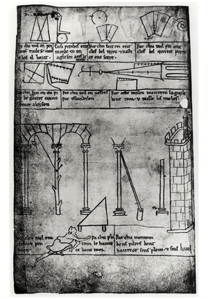 Ms.Fr.19093 fol.20v Geometrical figures for construction, arches and man measuring the height of a tower (facsimile copy) (pen & ink on paper)
