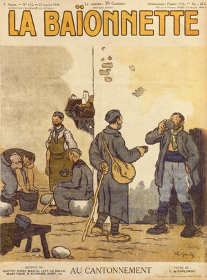 At the Billet, cover illustration of 'La Baionette', 10 January, 1918 (lithograph)