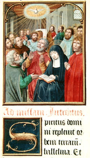 Ms 60 fol.37r Pentecost, from a collection of collects of Odoart de Bersacques, Prevost of Saint-Omer (vellum)