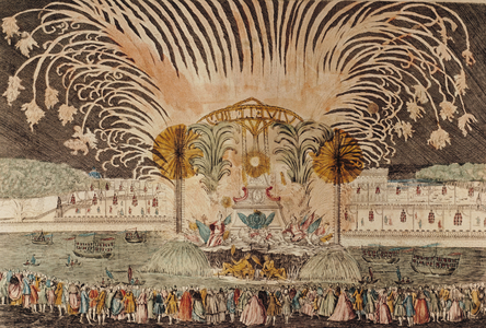 Firework Display in the Place Louis XV on the Occasion of the Dedication of the Equestrian Statue of the King, 20th June 1763 (coloured engraving) (see also 265480)
