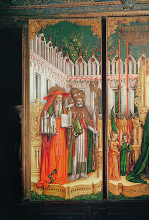 Triptych of The Virgin and Child surrounded by Saints, detail of the left panel showing Saint Jerome and Saint Gregory, 1446 (tempera on canvas)