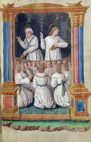 Fol.33r St. Peter and St. John Exhorting the Faithful, from 'Heures a l'Usage de Rome' (vellum)