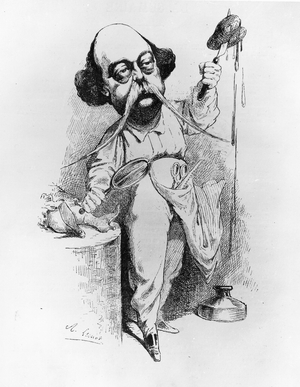 Gustave Flaubert (1821-80) Dissecting Madame Bovary, illustration from 'Parodie', December 1869 (engraving) (b/w photo)