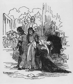 Soldiers dragging away a female prisoner, illustration to 'The Hunchback of Notre Dame' by Victor Hugo (xylograph)