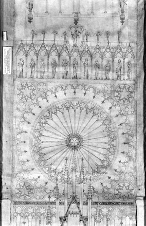 Design for the rose window and gallery of kings on the facade of Strasbourg Cathedral, c.1380 (pen & ink & gouache on paper)  (see detail 207685)