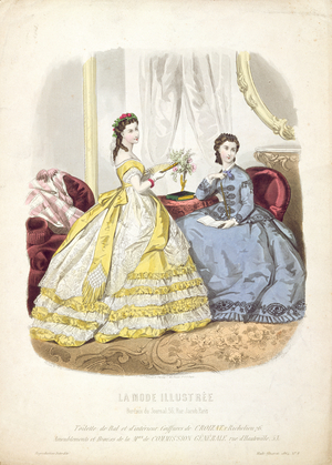 Fashion plate showing ballgowns, illustration from 'La Mode Illustree', 1864 (lithograph)