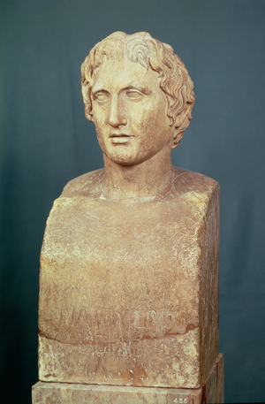 Portrait bust of Alexander the Great (356-323 BC) known as the Azara herm, Greek replica of 4th century BC original (marble)