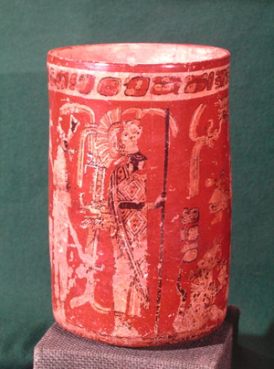 Vase depicting a ceremonial scene, Tepeu 1 Period, from Uaxuctun, 600-950 (polychrome stone) (see also 201515)