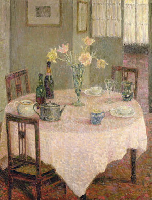 Interior with a Pink Tablecloth (oil on canvas)