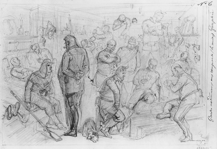 Album of the Siege of Paris, National Guards at the Ramparts at night (pen & brown ink wash & pencil on paper)