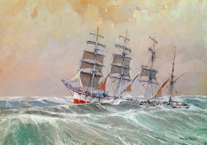 Four-Masted Ship in a Storm (watercolour on paper)