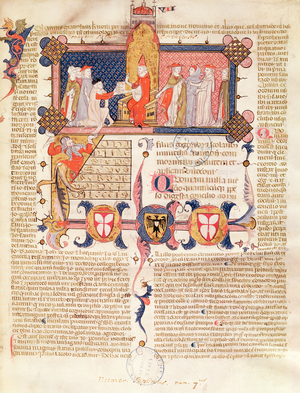 Ms 371 f.1 Jean Andre presenting his work to Pope Clement V (c.1260-1314) (vellum)