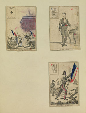 Three playing cards commemorating the heroes of July 1830, 1831 (coloured engraving)