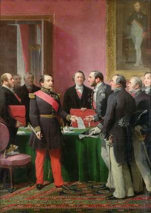 Napoleon III (1808-73) Hands Over The Decree allowing the Annexation of the Suburban Communes of Paris to Baron Georges Haussmann (1809-91) in June 1859, 1865 (oil on canvas)