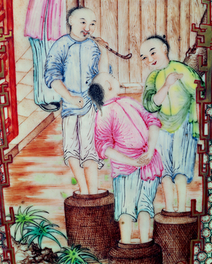 Detail from a vase depicting men packing tea (ceramic)