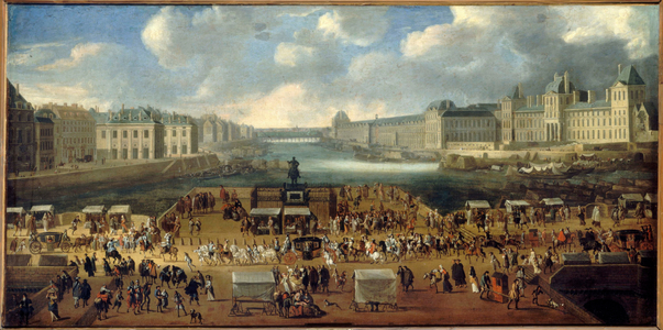 The Pont-Neuf seen from the entrance to Place Dauphine, the Quai Malaquais with the Collège des Quatre-Nations, the Grande Galerie and the Louvre, c.1669 (oil on canvas)