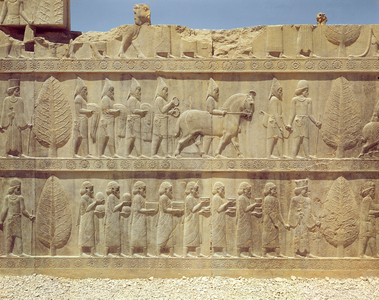 Detail of the relief frieze on the east stairway to the Apadana (Audience Hall) depicting delegates from the subject lands of the empire bearing lavish gifts for a ceremony, c.515 BC (relief)