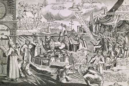 Martin Luther (1483-1546) writing on the church door at Wittenberg in 1517 (engraving)