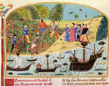 Ms 1335 f.180 The Flotilla of Alexander the Great, from 'Vie d'Alexandre le Grand (vellum)