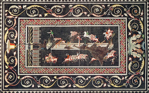 Representation of a mosaic discovered in Lyon depicting Circus games, 1806 (coloured engraving)