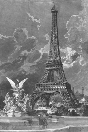 The Eiffel Tower (1887-89) Universal Exhibition of 1889 in Paris, 1888, engraved by Andre Slom or Slomszynski (d.1909) (engraving) (b/w photo)