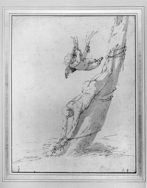 A Saint Tied Upside Down to a Tree (pen & ink wash on paper) (b/w photo)