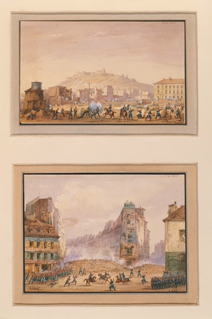 Attack on the Clos Saint-Lazare in June 1848 and the Assault on the Barricade at the Entrance of Faubourg Saint-Antoine with the Death of General Francois de Negrier (1839-1913) 25th June 1848 (gouache on paper)