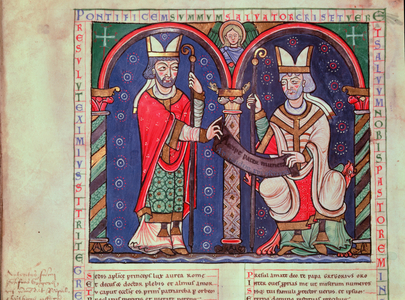 Ms 340/1 fol.39v Rabanus Maurus (c.780-856) Offering his Book to Pope Gregory I (540-604) from Anchin Abbey (vellum)