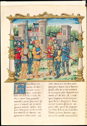 Ms 18 f.32v The Treaty of Conflans between Louis XI and Charles the Bold, Duke of Burgundy, October 1465, from the Memoirs of Philippe of Commines (1445-1509) (vellum)