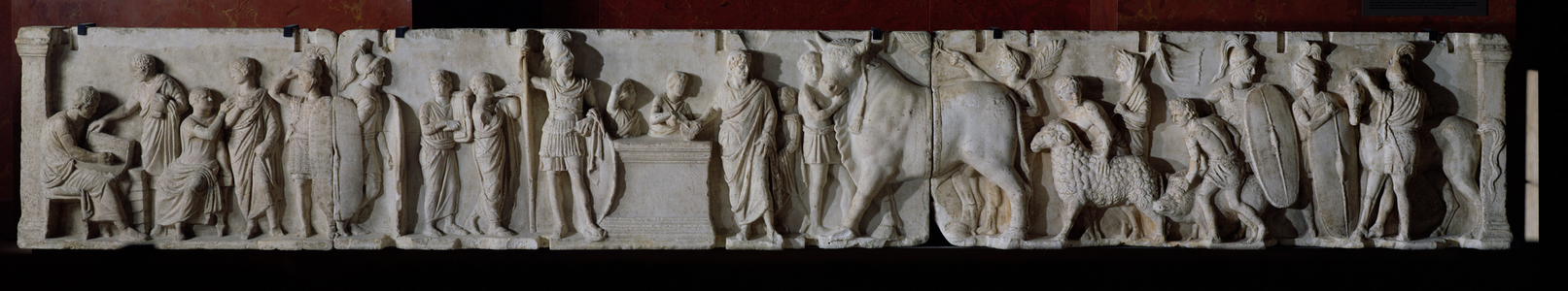 Taking the census and the sacrifice of a bull, a ram and a pig in honour of the god Mars, frieze from the Altar of Domitius Ahenobarbus, from the Temple of Neptune, Rome (stone)
