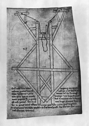 Trebuchet, machine to throw arrows and javelins (facsimile copy) (pen & ink on paper) (b/w photo)