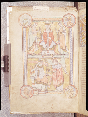 Ms 512 fol.4v St. Gregory the Great (c.540-604) between his father, Gordien, and his mother, Silvia and a drowned man as an angel, from 'Liber Pastoralis' (vellum)
